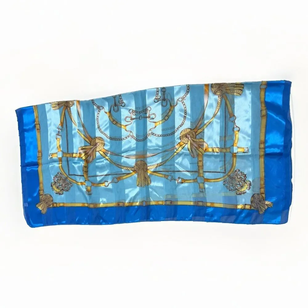 Vintage Korean Blue Equestrian Scarf 40” Square Gold Bridle Chain Print
